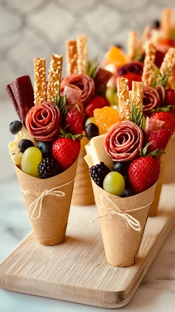 charcuterie cups, wrapped in brown paper and twice, filled with fruits, cheese and meats