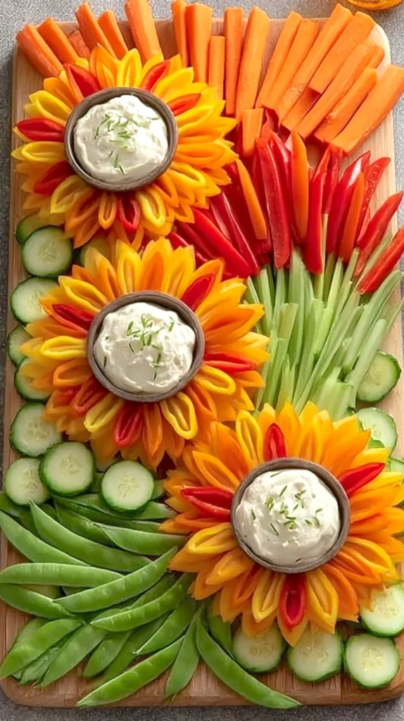 sliced peppers making the look of petals with dip bowls in the center, charcuterie board display 