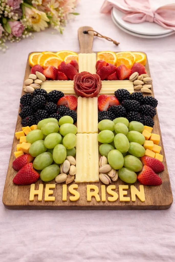 he is risen, cross made of food, grazing table