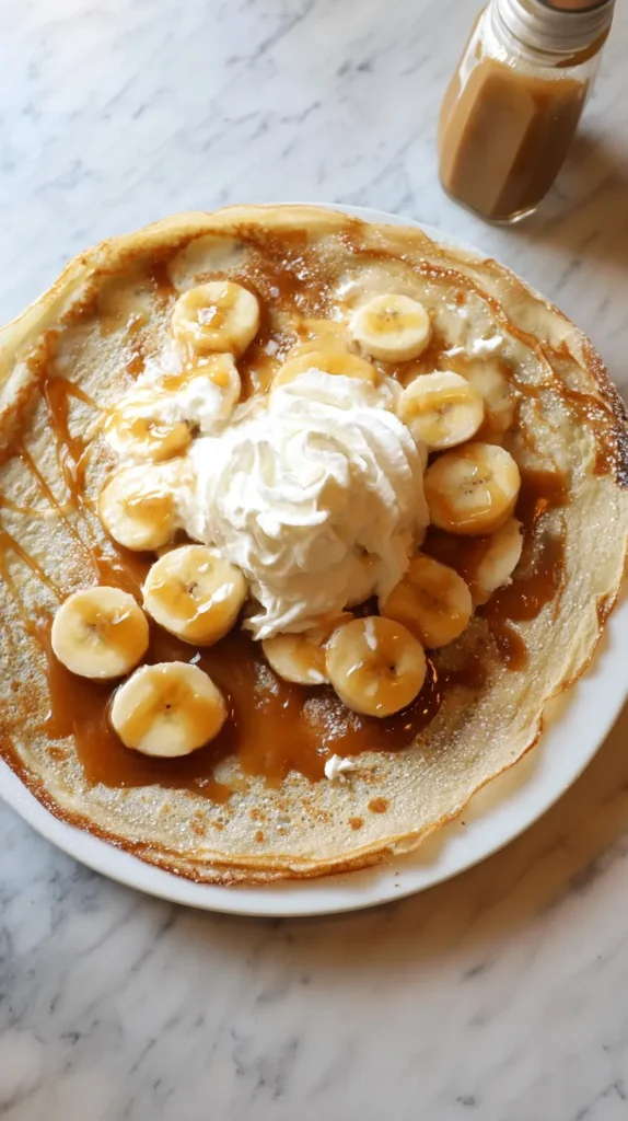 pannenkoeken, banana, caramel and whipped cream toppings