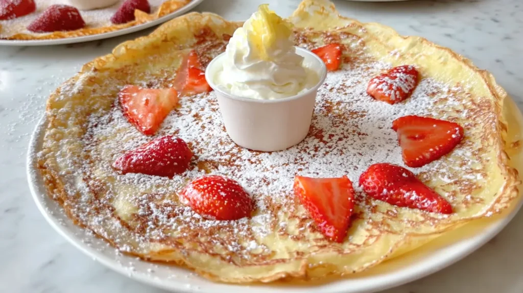 strawberry, cream and powdered sugar pannenkoeken