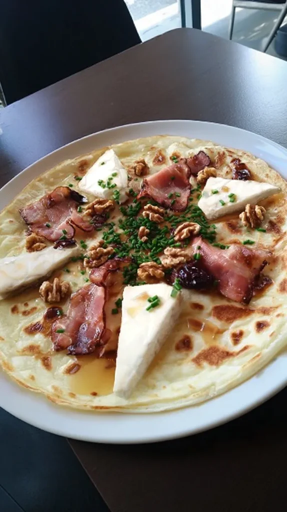 A photorealistic Dutch pancake on a white round plate, large and thin with lightly golden browned spots around the edges, topped with several slices of crispy bacon, thick wedges of creamy brie cheese with a white rind, scattered walnuts, a few raisins, finely chopped fresh chives, and a light drizzle of honey, served on a dark café table, natural daylight, warm tones, realistic food texture, casual restaurant setting, overhead angled view, detailed, appetizing, high realism