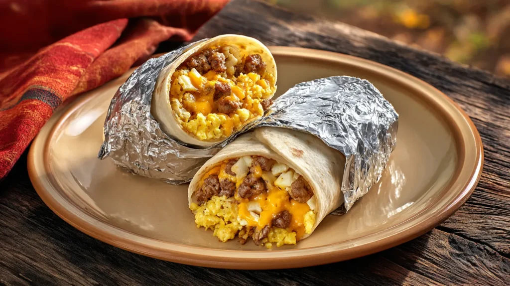 Foil-wrapped breakfast burritos cut open to show scrambled eggs, sausage, potatoes, and melted cheese