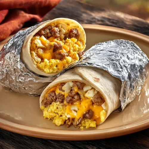 Foil-wrapped breakfast burritos cut open to show scrambled eggs, sausage, potatoes, and melted cheese