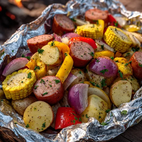 Campfire foil packet dinner with sausage coins, halved potatoes, corn rounds, and peppers on a rustic table