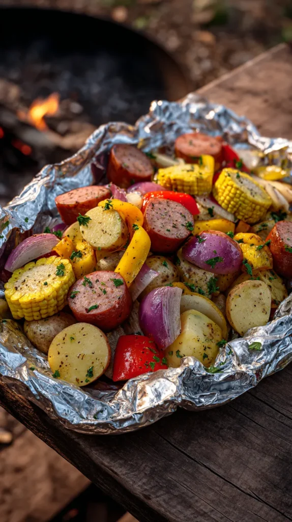 Campfire foil packet dinner with sausage coins, halved potatoes, corn rounds, and peppers on a rustic table