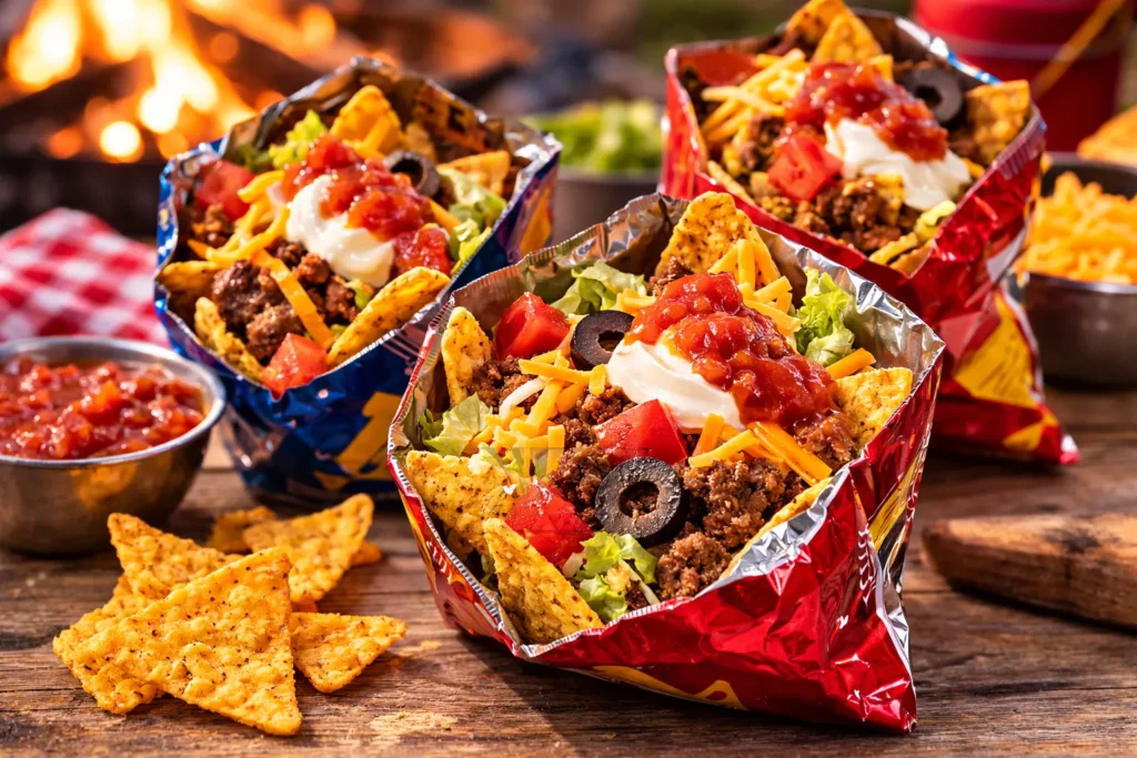 Single-serve corn chip bags filled with taco meat, lettuce, tomatoes, cheese, salsa, and black olives