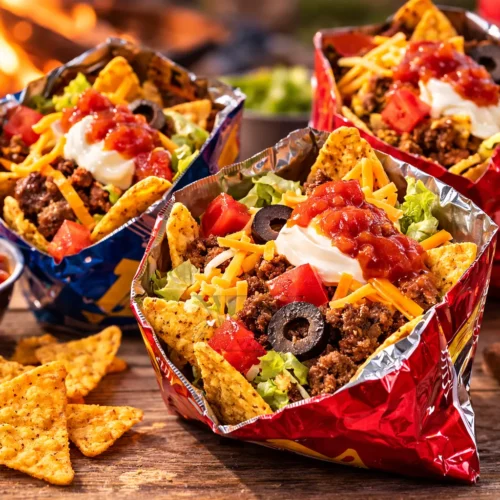 Single-serve corn chip bags filled with taco meat, lettuce, tomatoes, cheese, salsa, and black olives