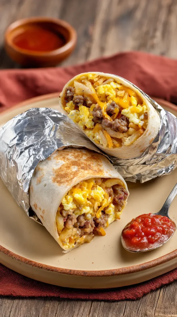 Foil-wrapped breakfast burritos cut open to show scrambled eggs, sausage, potatoes, and melted cheese