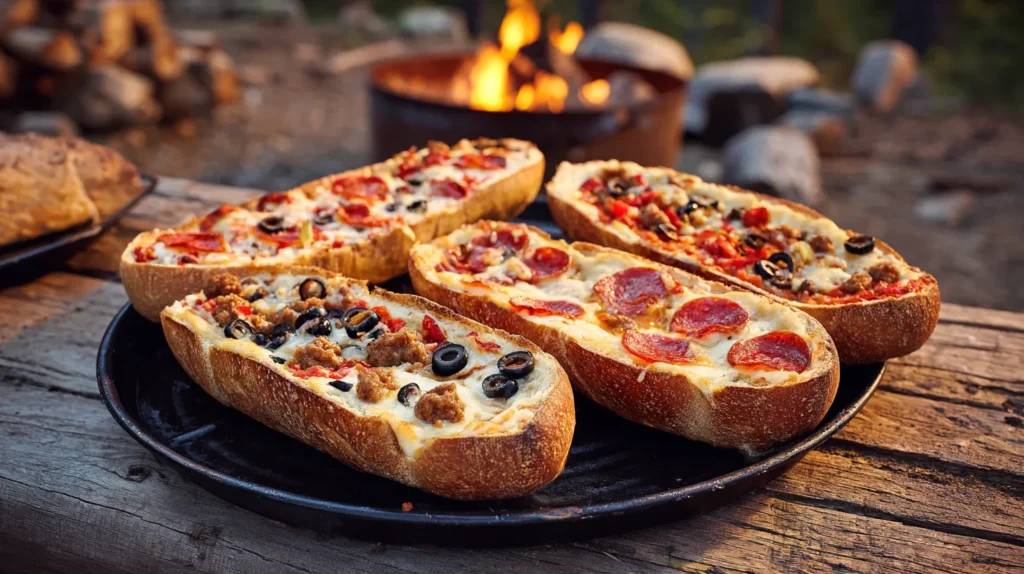 French bread campfire pizzas topped with mozzarella, mini pepperoni, sausage, olives, and diced peppers