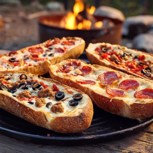 French bread campfire pizzas topped with mozzarella, mini pepperoni, sausage, olives, and diced peppers