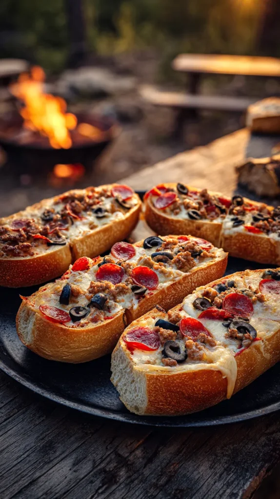 Open-faced French bread pizzas on a platter at a campsite with melted cheese and pizza toppings