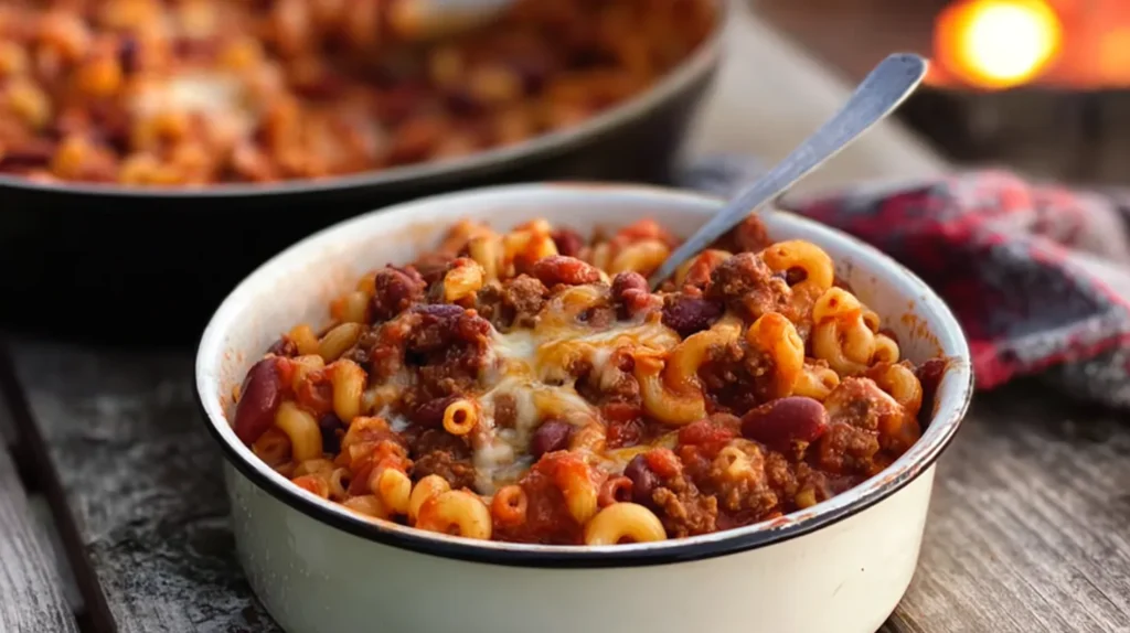 Camp-style chili mac served in an enamel bowl with pasta, beef, beans, and cheesy tomato sauce