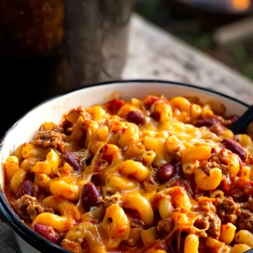 Bowl of chili mac with elbow macaroni, ground beef, kidney beans, tomato sauce, and melted cheddar