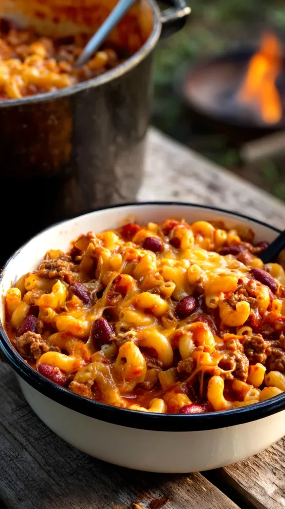 Bowl of chili mac with elbow macaroni, ground beef, kidney beans, tomato sauce, and melted cheddar