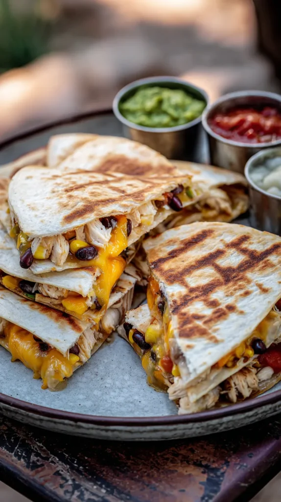 Chicken quesadillas at a campsite with browned tortillas, cheesy filling, salsa, and guacamole on the side
