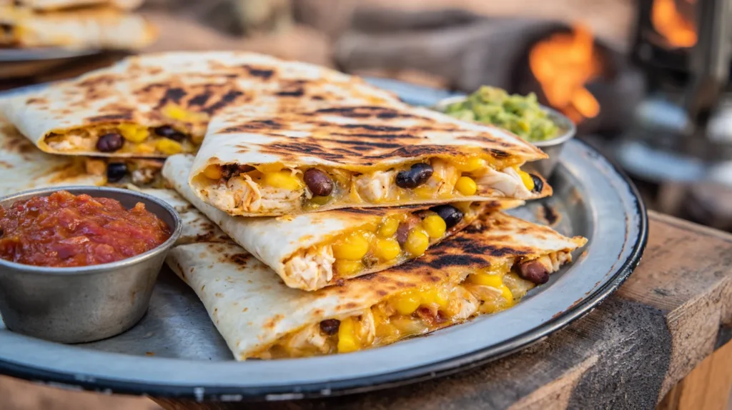 Grilled chicken quesadilla wedges with melted cheese, corn, black beans, and green chiles on a plate