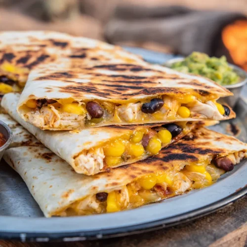 Grilled chicken quesadilla wedges with melted cheese, corn, black beans, and green chiles on a plate