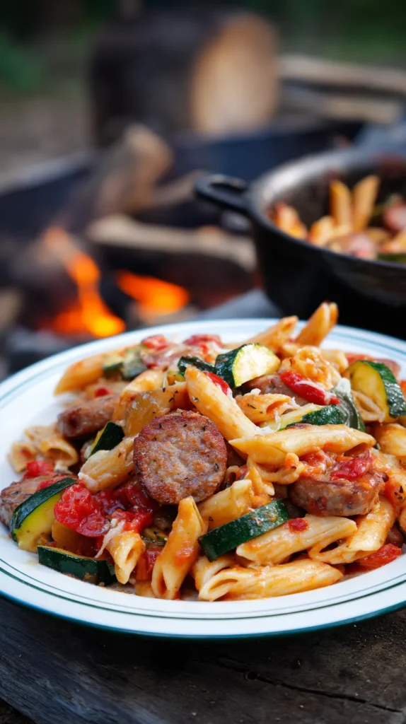 close-up white enamel camping plate, penne coated in a light glossy tomato sauce, visible diced tomatoes, browned sausage slices, chopped zucchini, diced bell pepper, wilted spinach, melted mozzarella, light Parmesan, rustic camp table, cast iron pot nearby, campfire background, realistic outdoor food photography