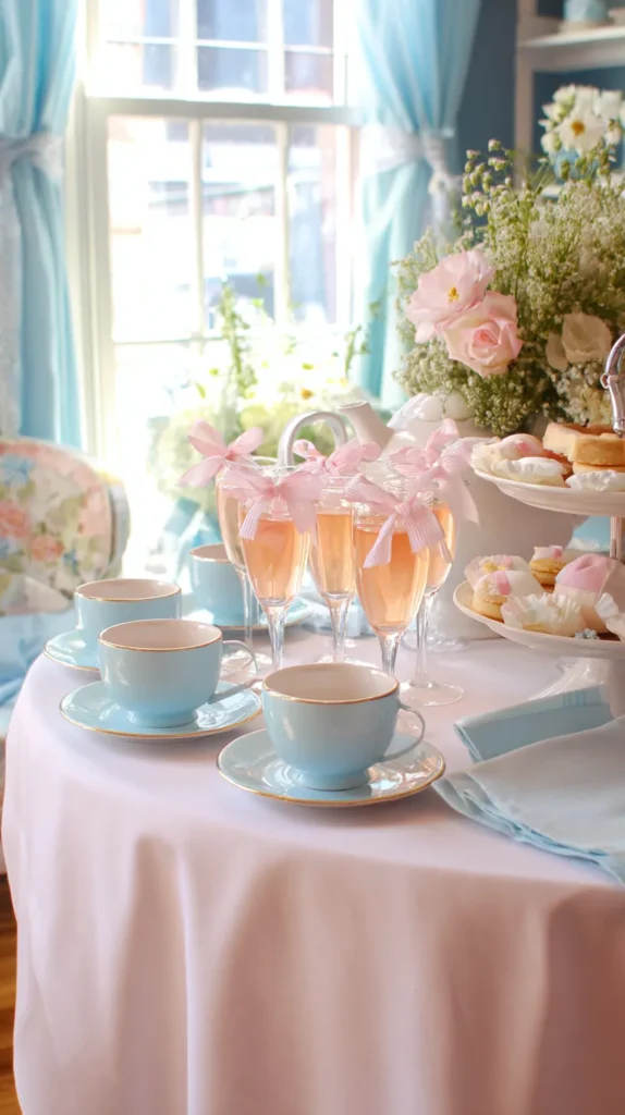 blue tea cups, pink mimosas