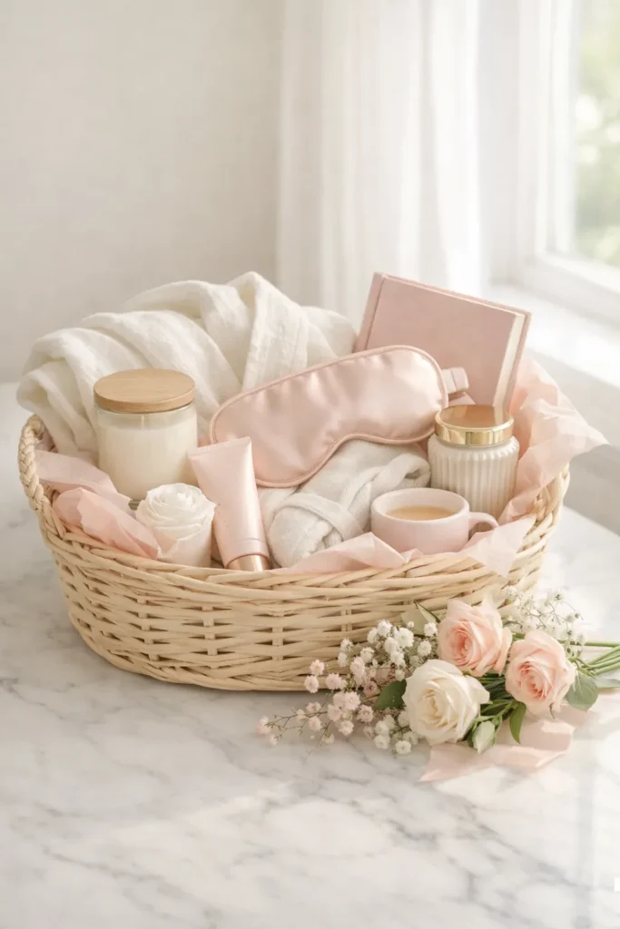 Mother’s Day gift basket styled on a white marble countertop, soft blush and cream palette, filled with a silk sleep mask, linen robe, candle, hand cream, hardcover book, and delicate floral stems, bright natural window light, elegant editorial product photography