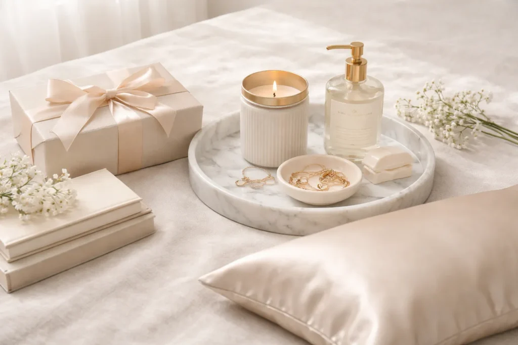 Quiet luxury Mother’s Day gifts arranged on a soft beige linen surface, including a marble tray, ceramic candle, silk pillowcase, gold jewelry dish, hand soap, and a wrapped neutral-toned gift box, soft morning light