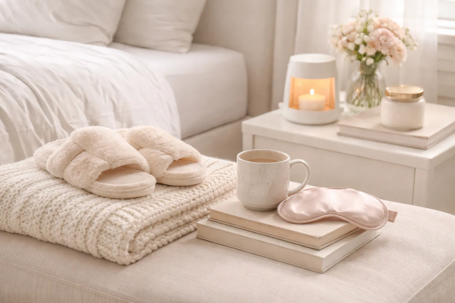 Cozy Mother’s Day gifts displayed in a bright white bedroom setting, folded soft knit throw, slippers, sleep mask, candle warmer, pretty mug, and stacked books on a bench and bedside table, warm natural light