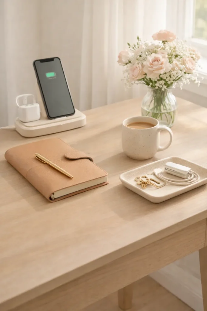 Practical but pretty Mother’s Day gifts styled on a light oak desk, featuring a chic charging station, leather planner, ceramic mug, gold pen, portable charger, catchall tray, and fresh flowers in a glass vase, bright editorial lighting