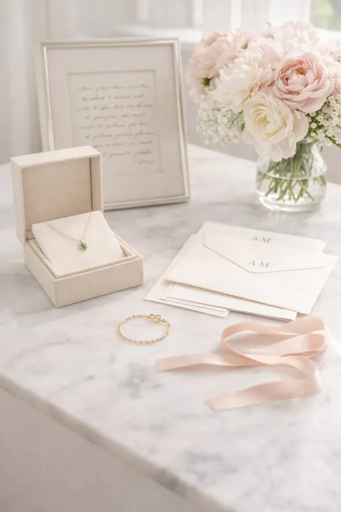 scene on a white marble vanity, delicate birthstone necklace in an open box, monogrammed stationery, framed handwritten note, bracelet, and blush ribbon beside fresh peonies, soft natural light