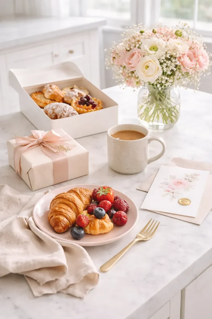 setup on a white kitchen island, small wrapped present, pastry box, coffee cup, flowers, linen napkin, and elegant card beside soft pastel tableware, bright natural light, cheerful polished brunch styling