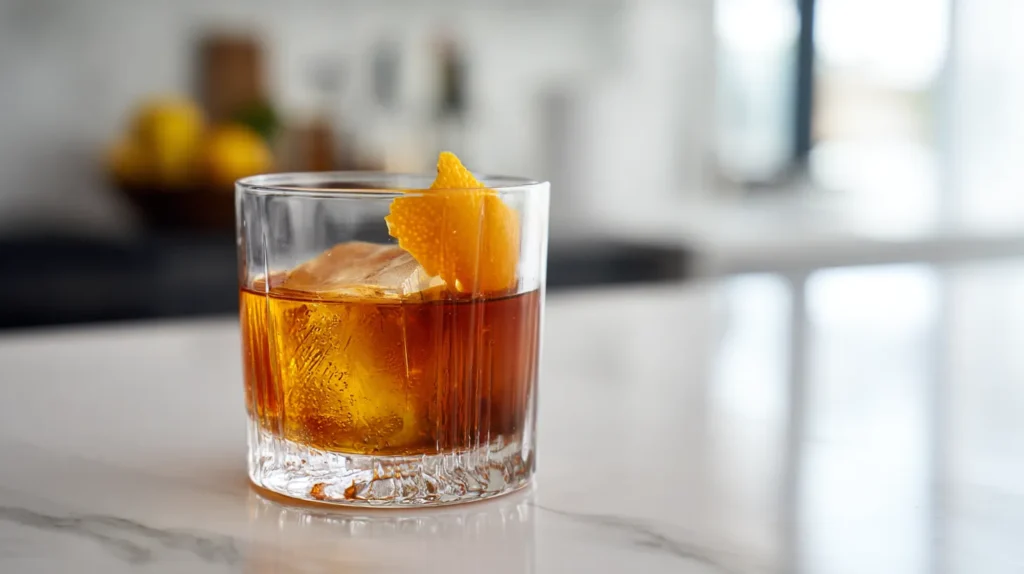 Finished Old Fashioned cocktail in a clear glass with a large square ice cube and orange peel twist, white marble kitchen counter top, drink