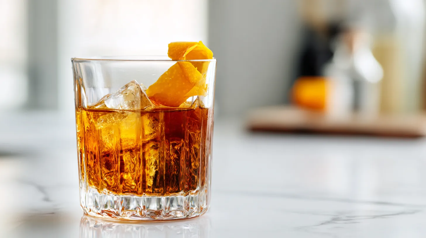 Finished Old Fashioned cocktail in a clear glass with a large square ice cube and orange peel twist