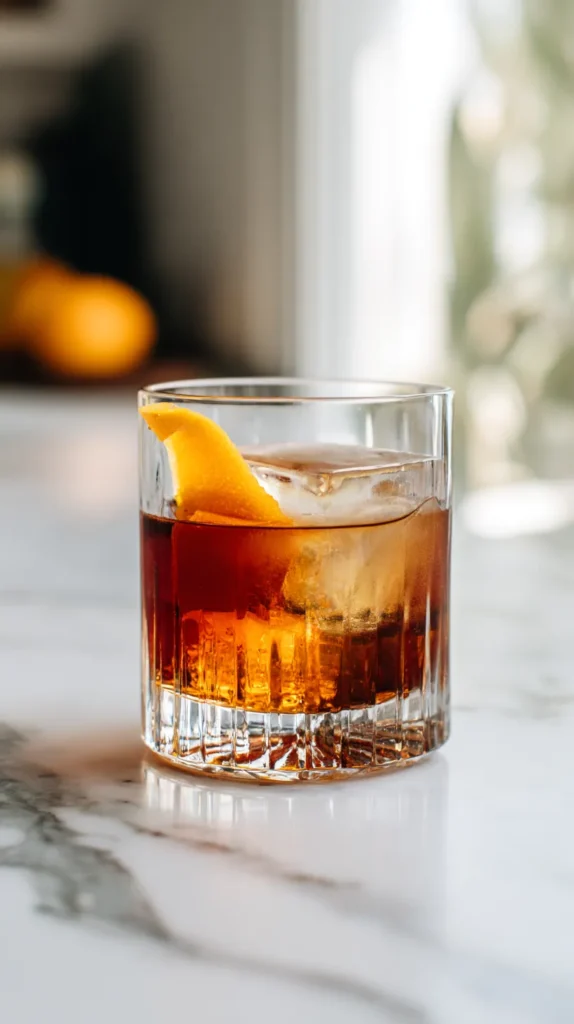 Finished Old Fashioned cocktail in a clear glass with a large square ice cube and orange peel twist