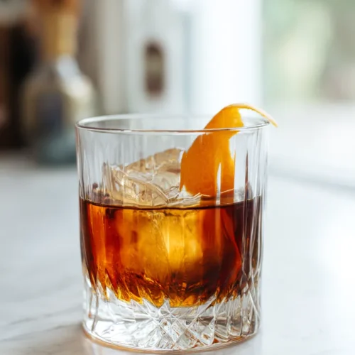 Amber Old Fashioned cocktail in a classic rocks glass with orange peel garnish in a bright white kitchen