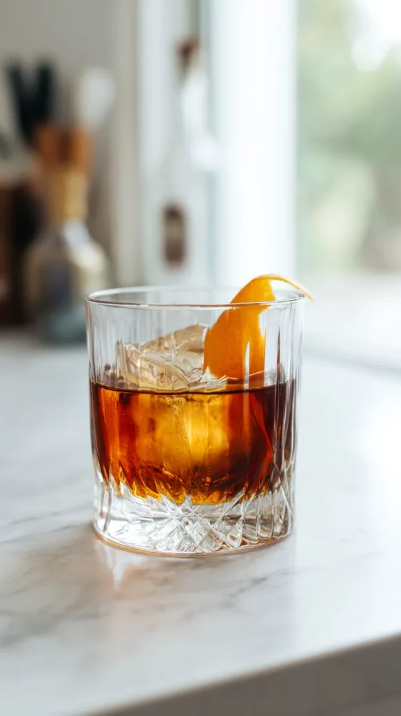 Amber Old Fashioned cocktail in a classic rocks glass with orange peel garnish in a bright white kitchen