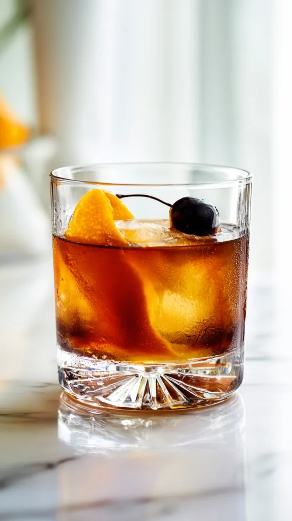 Old Fashioned cocktail served in a heavy-bottomed glass with a large clear ice cube on a white marble counter