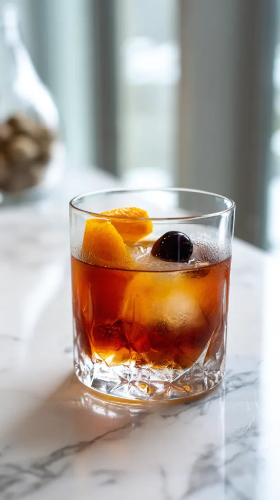 Finished Old Fashioned cocktail with amber whiskey, one large ice cube, and orange peel garnish with a black cherry in a classic glass