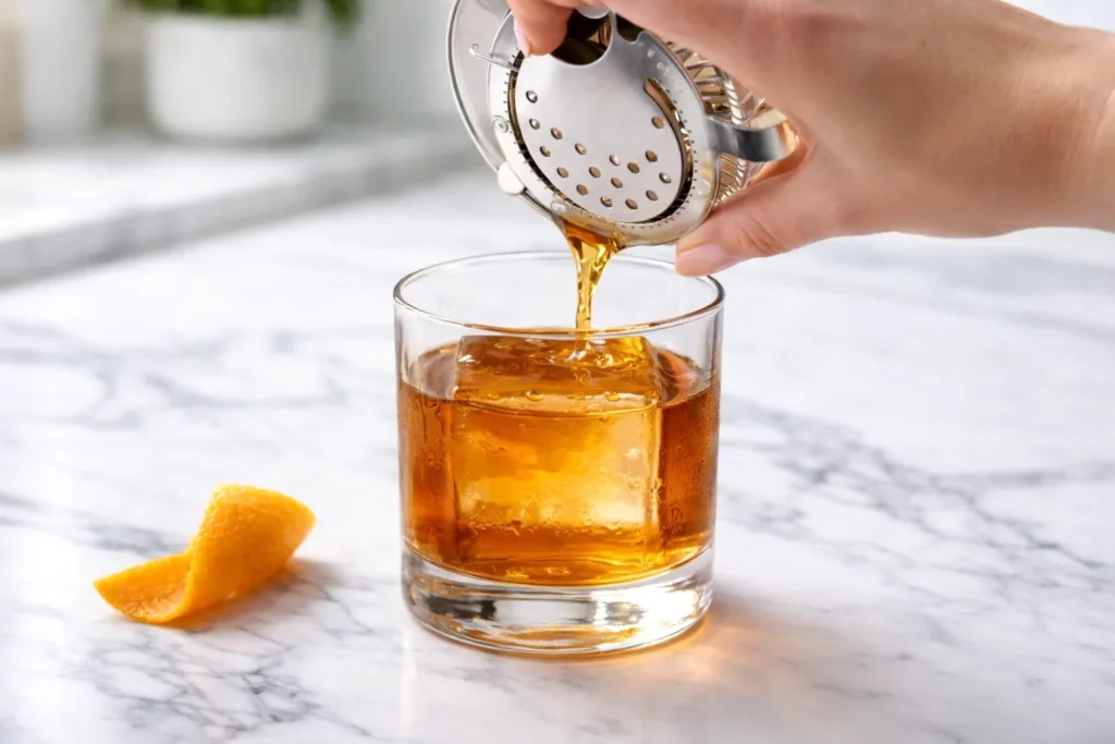 Female hand with a pale pink manicure pouring an Old Fashioned cocktail through a metal strainer into a classic rocks glass on a white marble counter