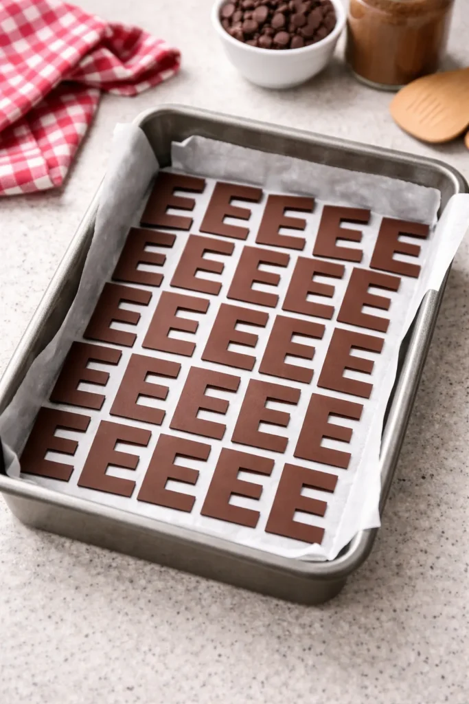 brown paper cut into letter Es in a pan