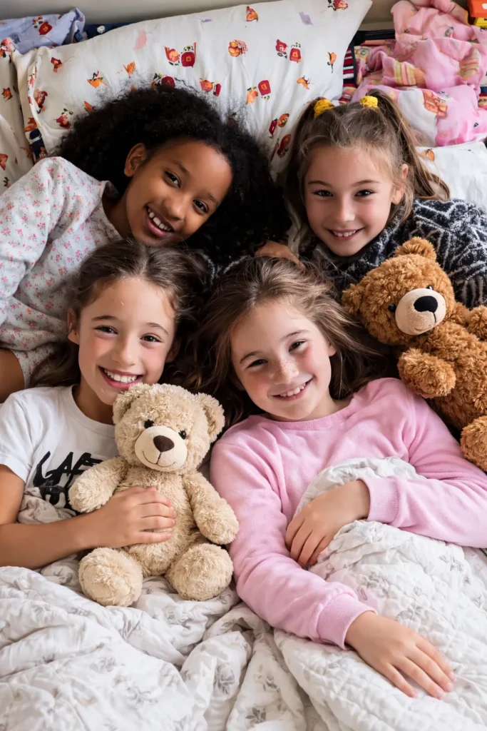 Four girls lying in bed with teddy bears during a cozy kids slumber party sleepover