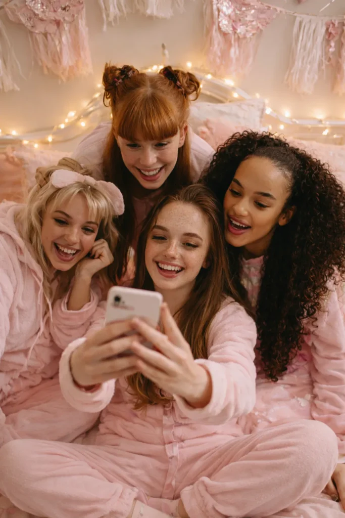 Four women in soft pink pajamas taking a selfie on a decorated bed at a slumber party