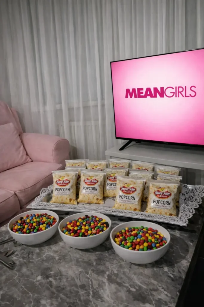 Mean Girls movie night setup with pink couch, popcorn bags, candy bowls, and TV screen