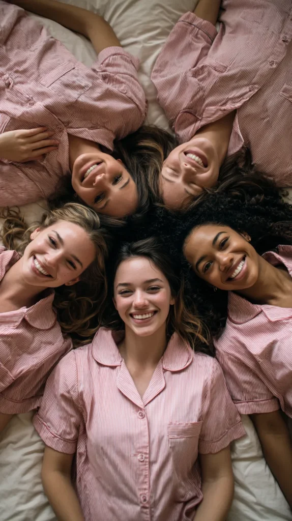 Five women in pink striped pajamas lying on a bed together at a slumber party