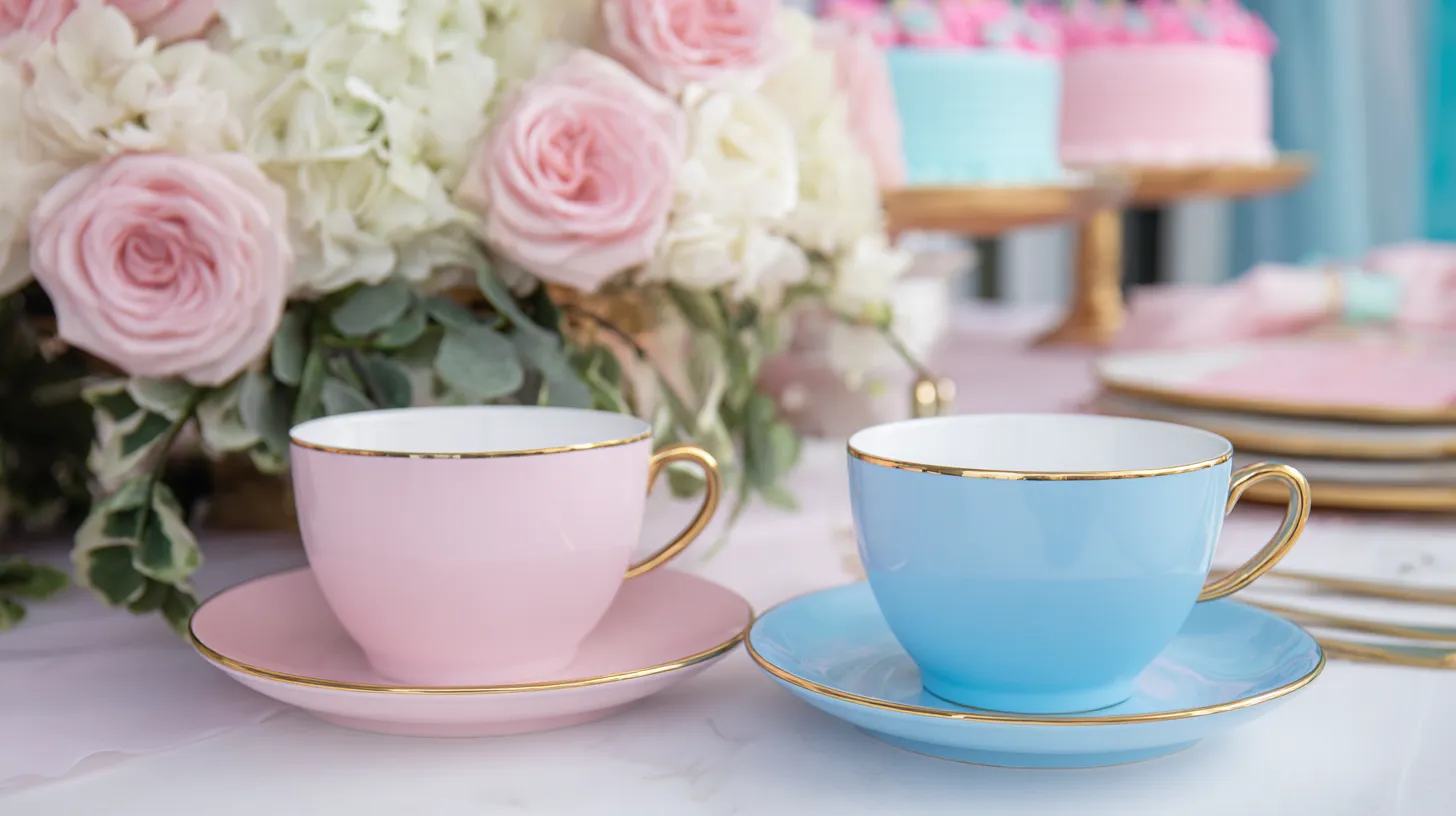 pink and blue tea cups, floral arrangement