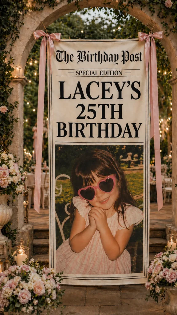 Vintage newspaper-style birthday banner hanging beneath a floral stone arch, reading “Lacey’s 25th Birthday,” with pink ribbon bows and a childhood photo of a little girl in heart-shaped sunglasses.
