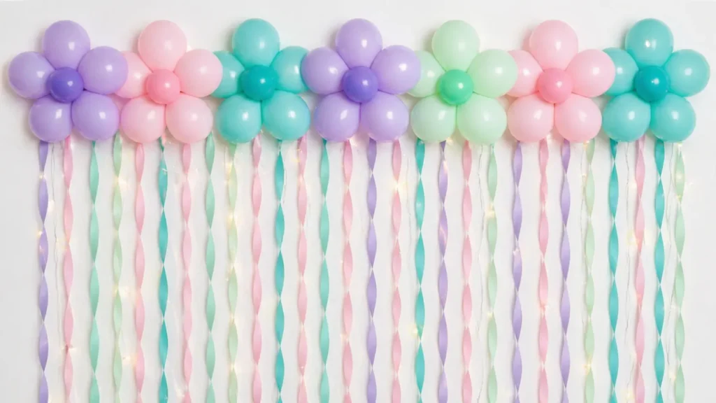 White wall party backdrop with pastel balloon flowers in lavender, pink, teal, and mint, plus matching twisted streamers and warm fairy lights.