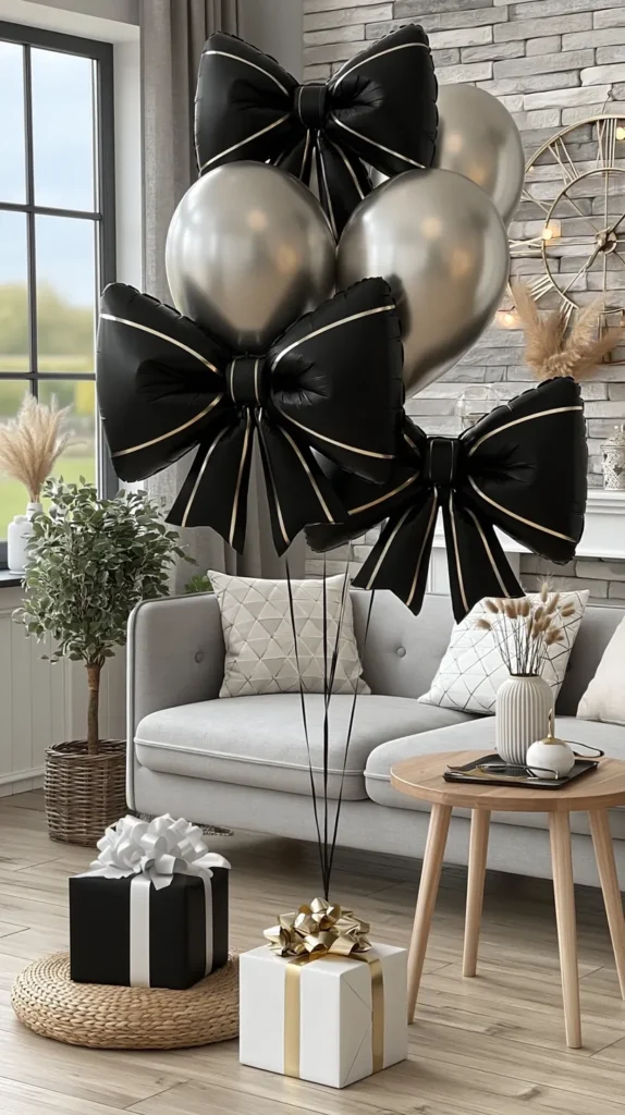 Black and champagne balloon bouquet with oversized black bow-shaped balloons arranged in a modern living room beside wrapped gift boxes.