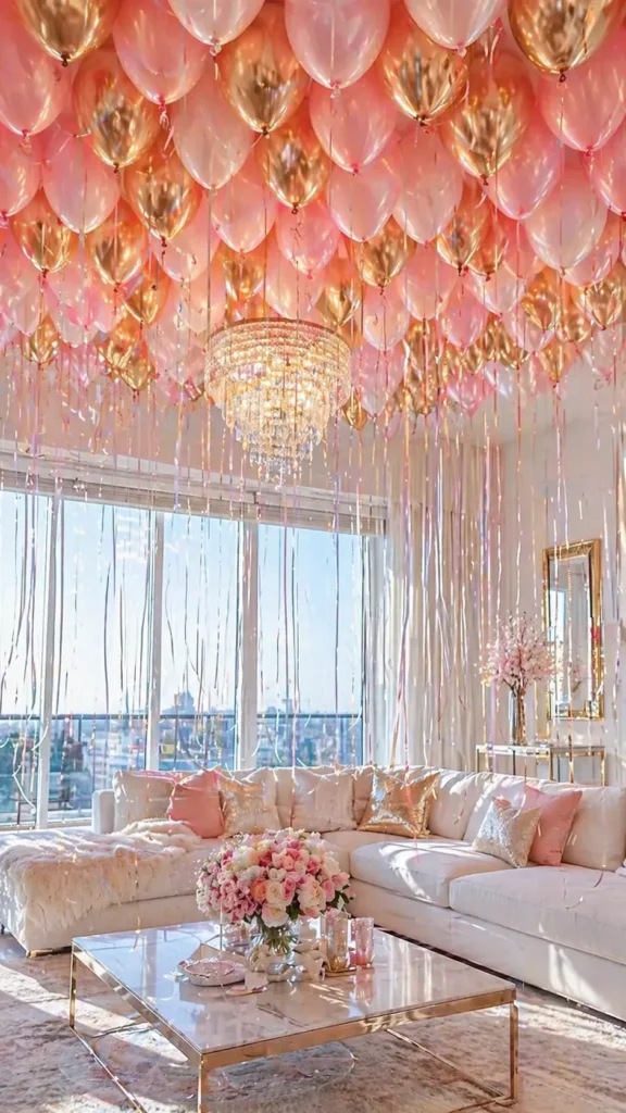 Elegant living room with a ceiling full of light pink and gold balloons, long ribbon tails, a crystal chandelier, and a white sectional sofa.