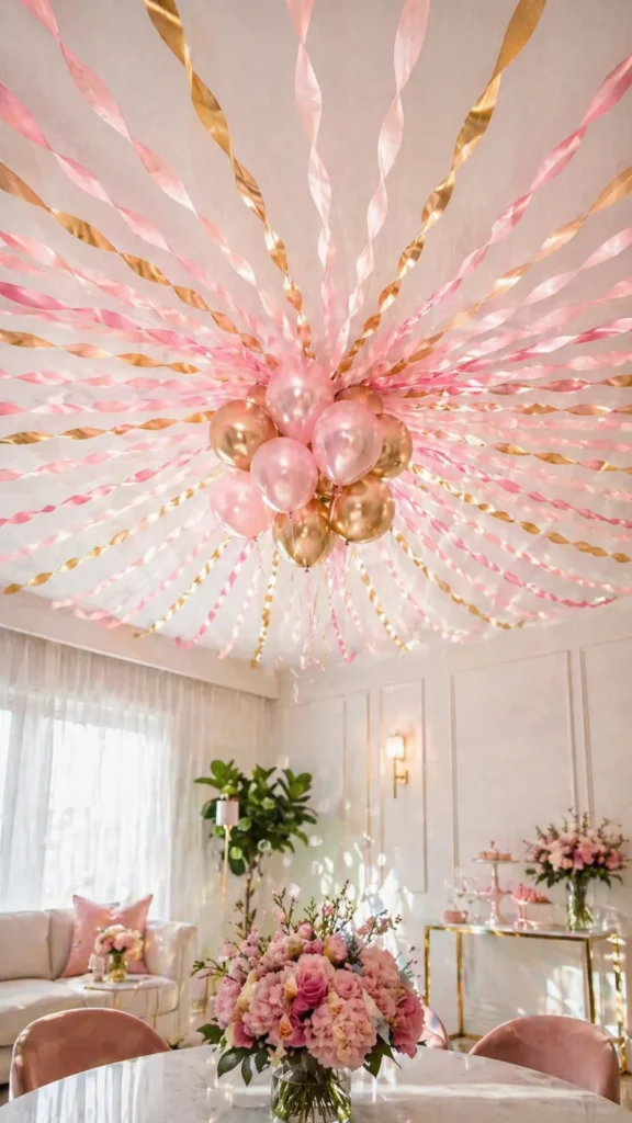 Indoor party room with pink and gold twisted ceiling streamers radiating from a central balloon cluster above a pastel floral table arrangement.