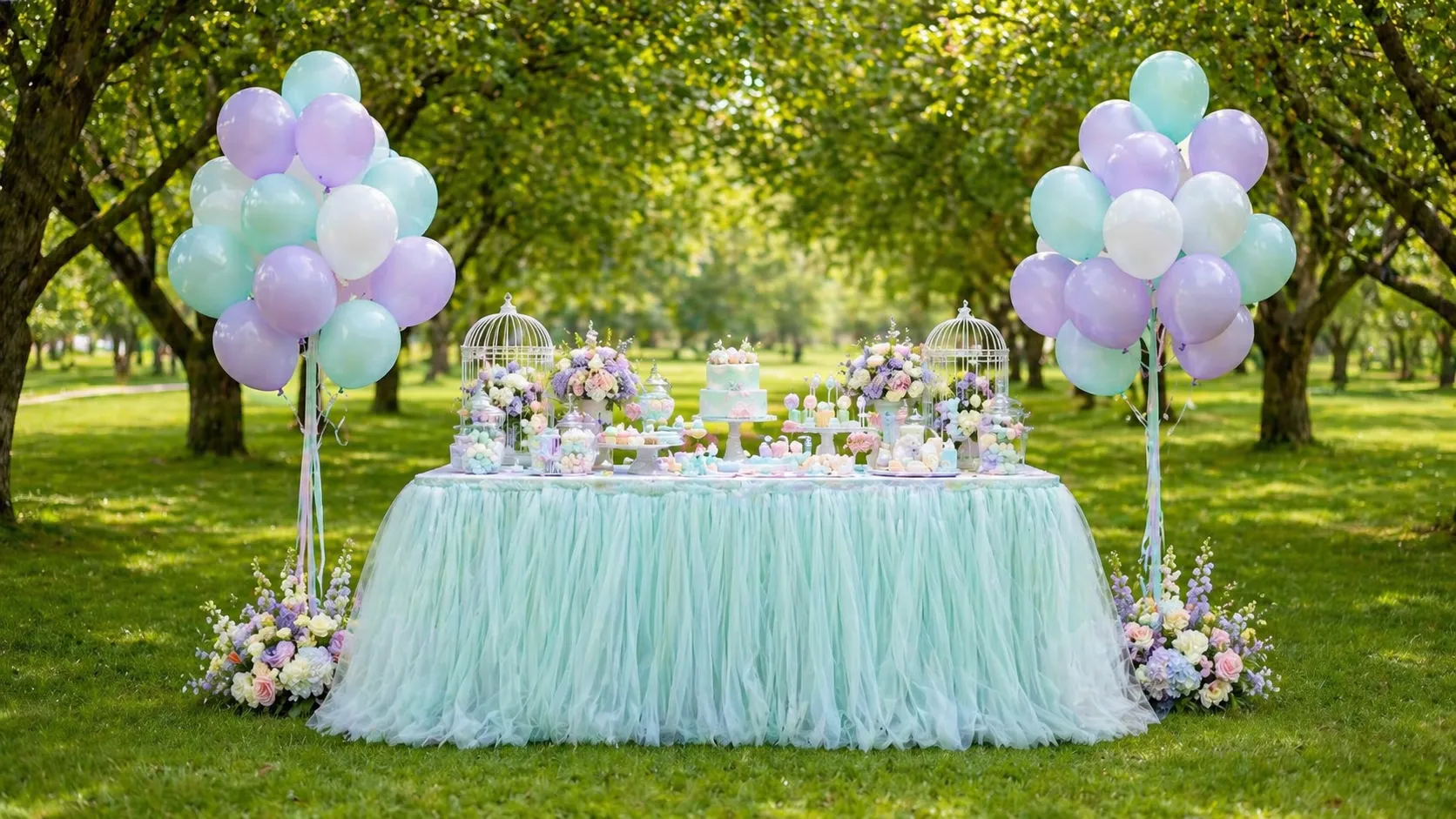 Pastel outdoor birthday dessert table in a park with a mint-green tulle table skirt, lavender and mint balloon bouquets, floral arrangements, and sweets.